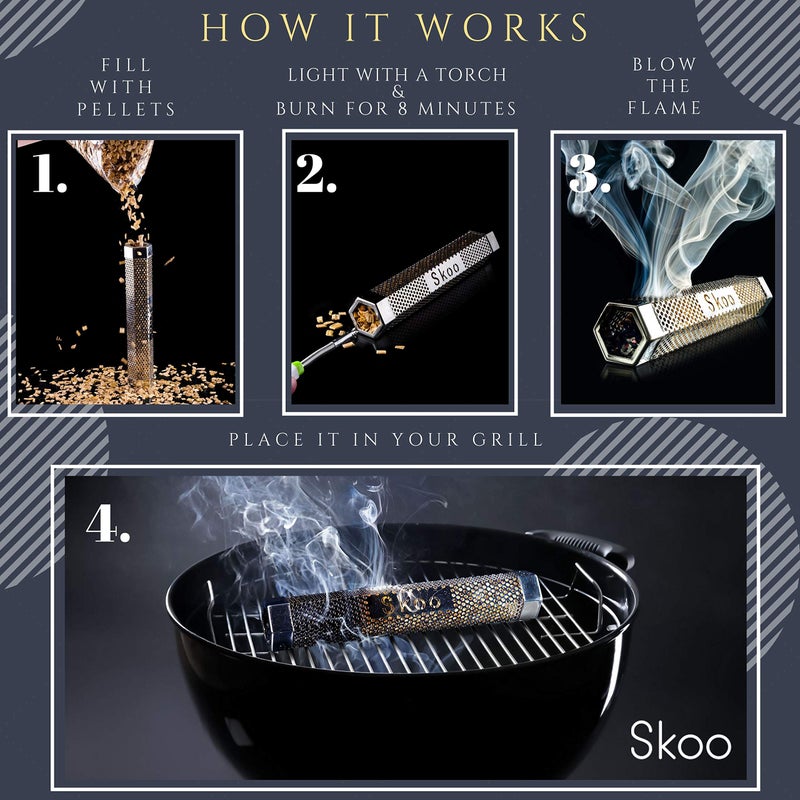Skoo Pellet Smoker - BBQ Hexagonal Smoking Tube + Brush + Hook + Free EBook + Digital User Guide - 5 Hours of Billowing Smoke - For Electric, Gas, Charcoal Grills or Smokers - Image 3